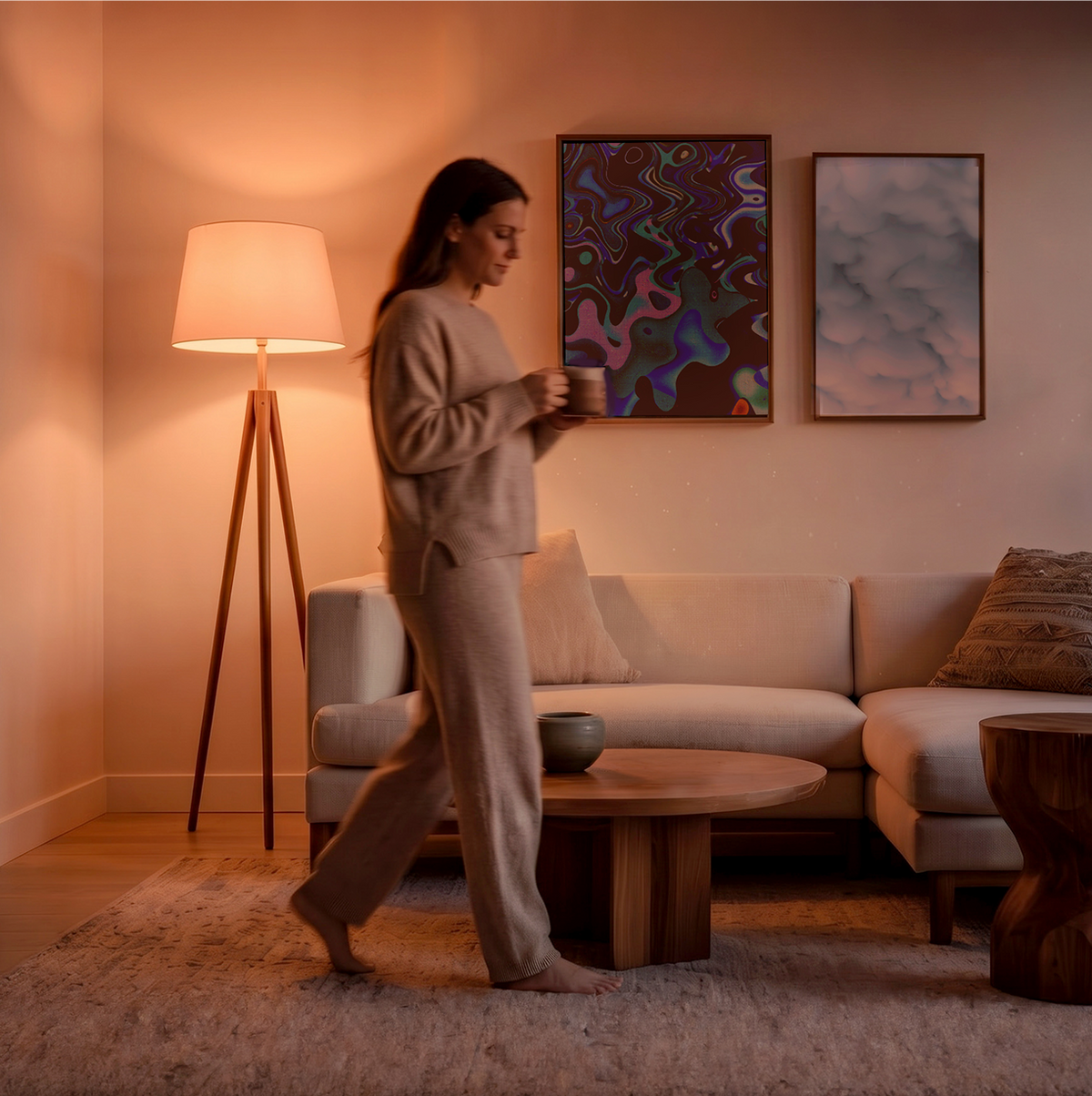 A woman in a beige lounge set walks barefoot in a warmly lit living room with a floor lamp, sofa, and framed wall art. Powered by a LIFX SuperColor 1600lm A21 smart bulb.