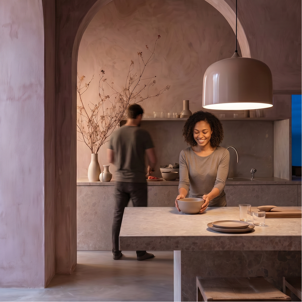 A woman stands at a kitchen island holding a bowl in a warm, modern kitchen with a man working in the background. A large, matte taupe pendant light hangs over the island, casting a soft glow. Powered by a LIFX SuperColor 1600lm A21 smart bulb.