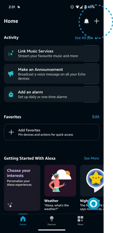 Alexa app home screen