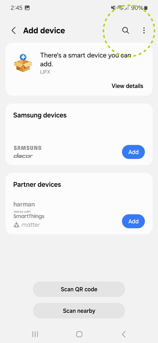 Add device screen with the search icon