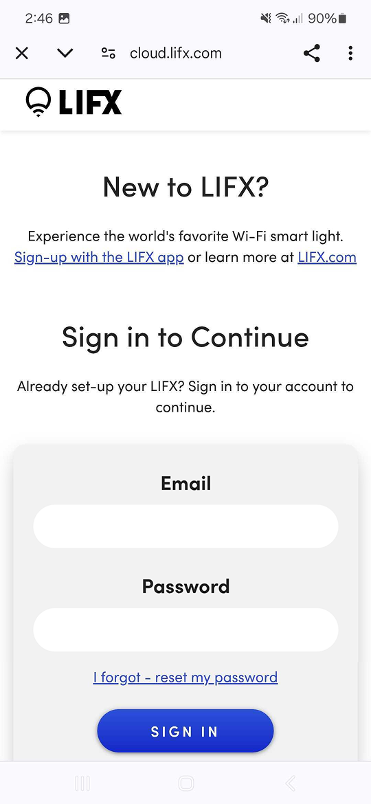 LIFX cloud sign in screen