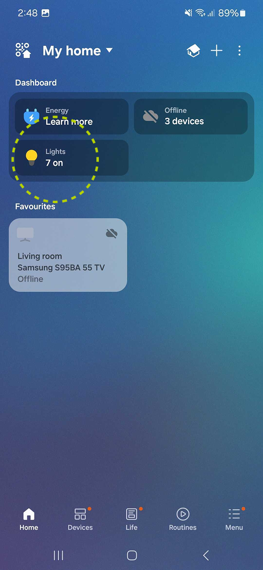 SmartThings dashboard showing lights on