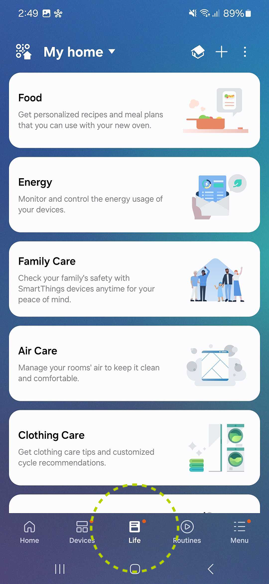 SmartThings footer with the Life tab