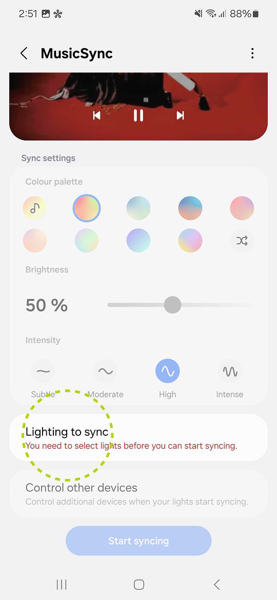 Music Sync settings with Lighting to sync