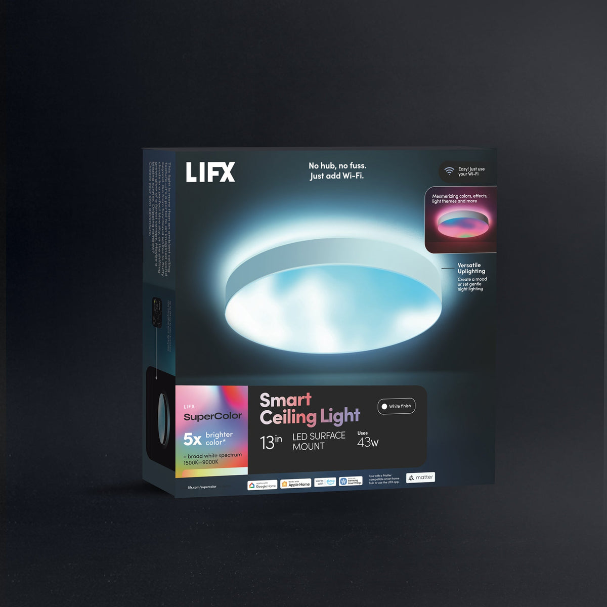 LIFX Smart Ceiling Light retail packaging box shown on a dark studio background, featuring a glowing circular LED light graphic and product details including 43W surface mount and 2300 lumens.