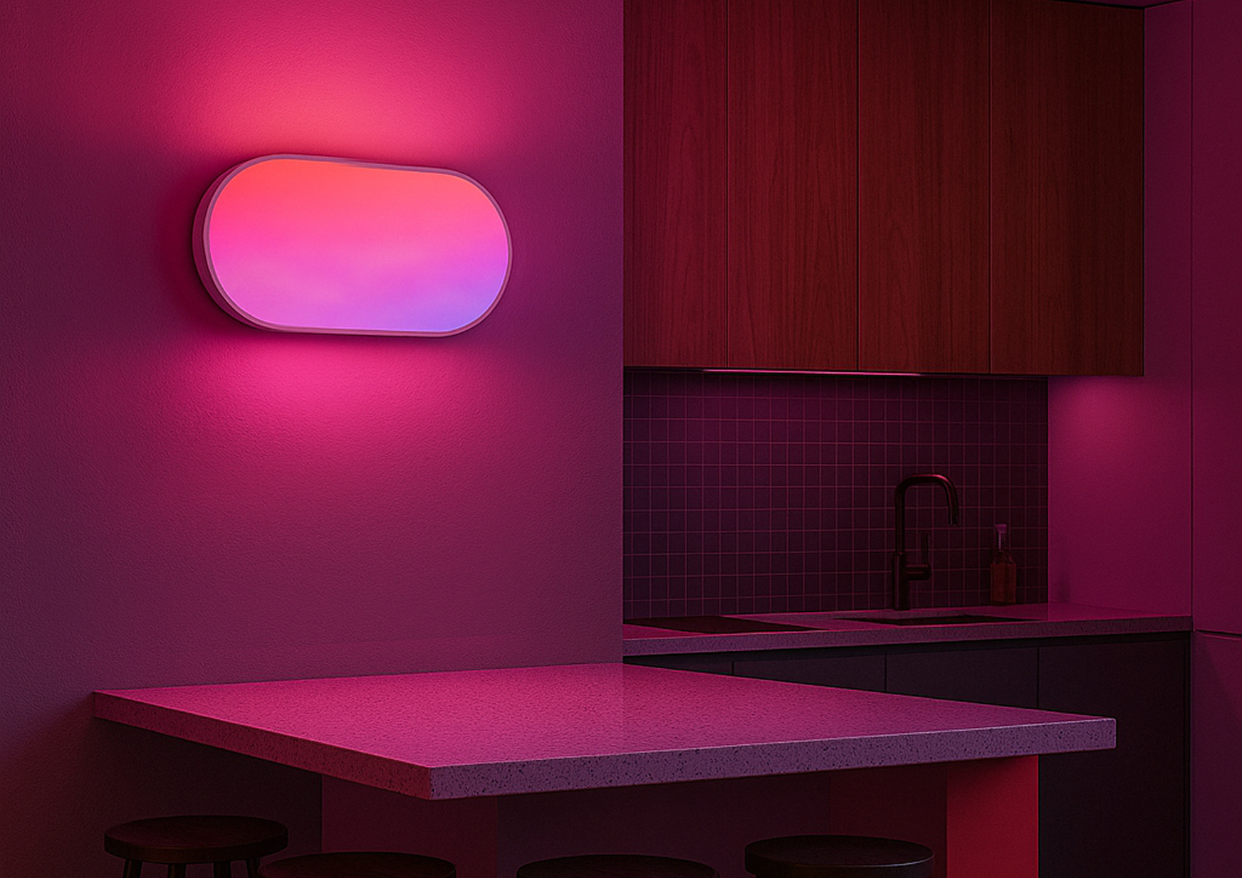 Modern kitchen with a gradient light fixture casting a pinkish-purple glow.