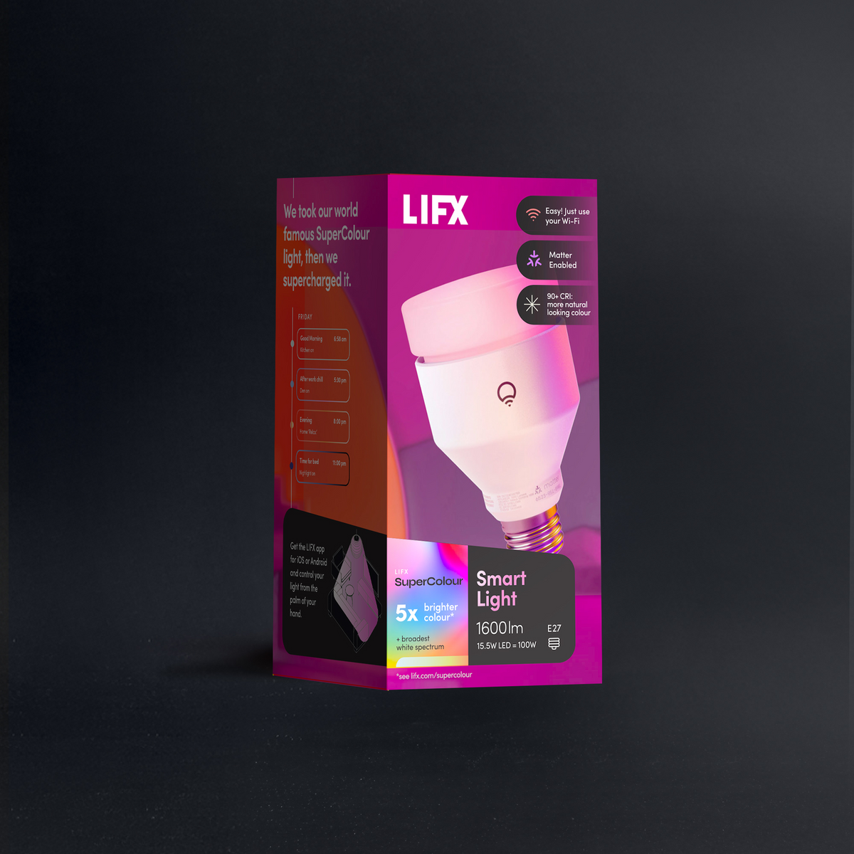 LIFX A21 1600 lumen Smart light bulb packaging on a dark background. EAN: LFXA211600RGBW Barcode: 9347403004923