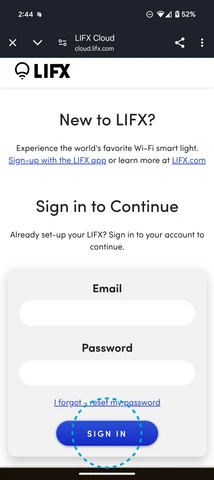 LIFX sign in screen