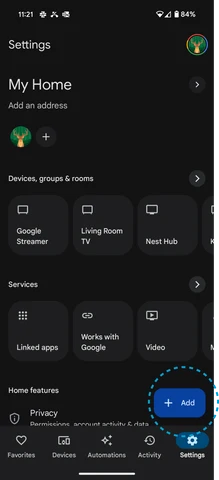 Google Home settings with Add button