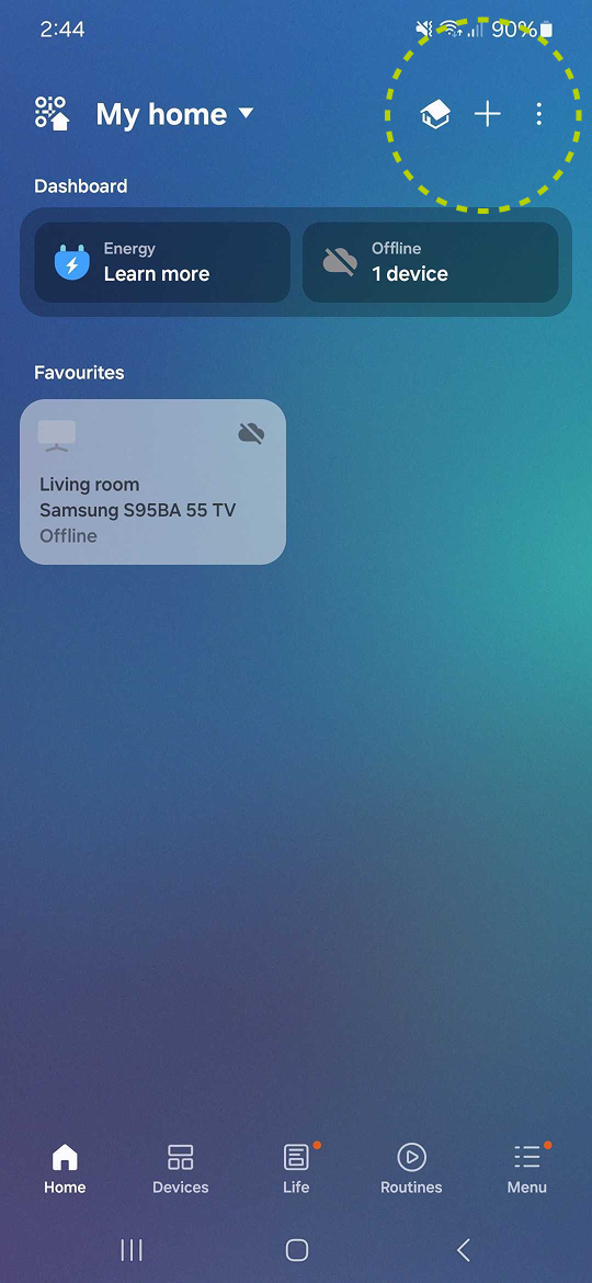 SmartThings dashboard with the plus icon