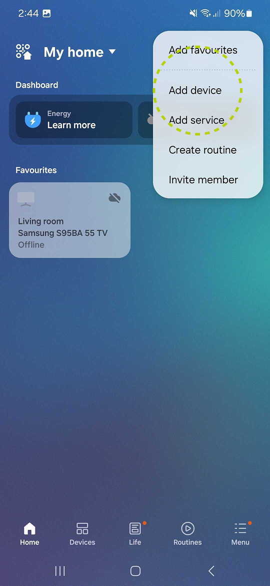 Add device in the menu