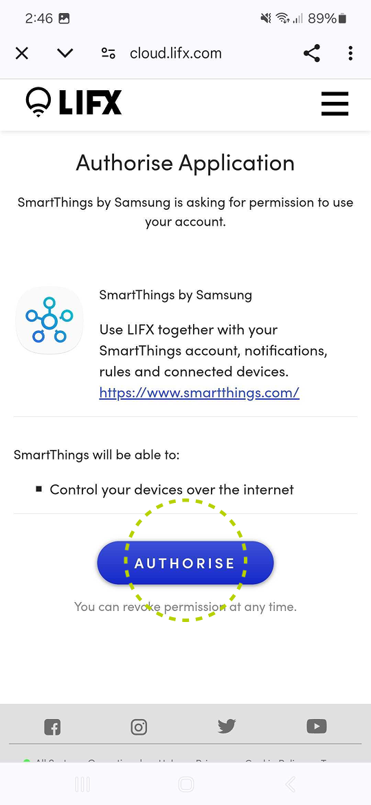 Authorise application screen