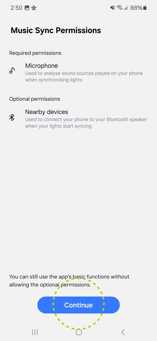 Music Sync permissions screen