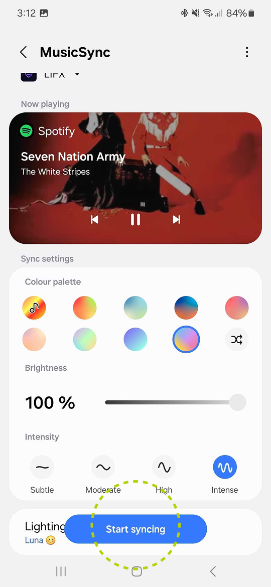 Music Sync now playing with Start syncing