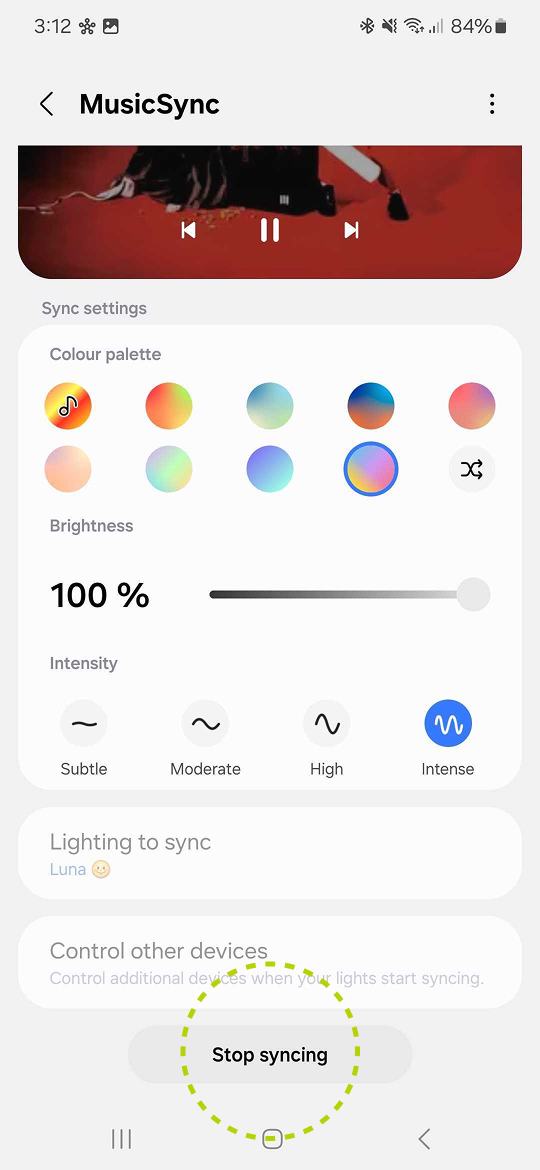 Music Sync settings with Stop syncing